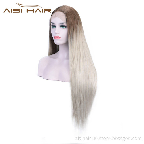 Aisi Hair Silky Straight Synthetic Lace Front Wigs Ombre Brown to Gray Heat Resistant Wigs Lace Front Middle Part Wig for Women